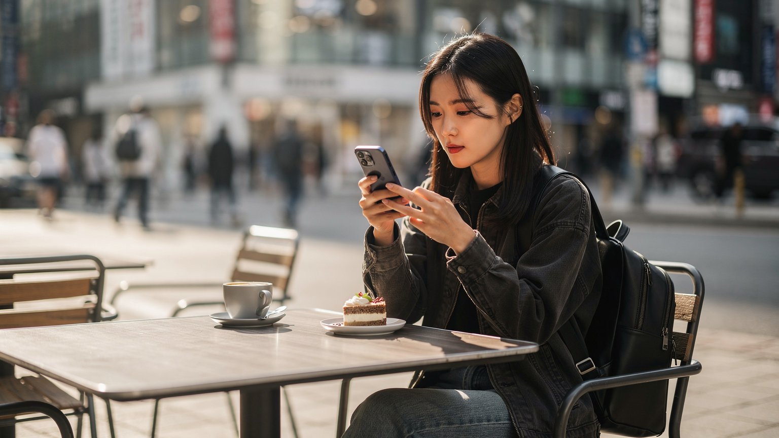 Woman on smartphone at a cafe in Seoul, focused on e-SIM plans with fast internet in a bustling city.