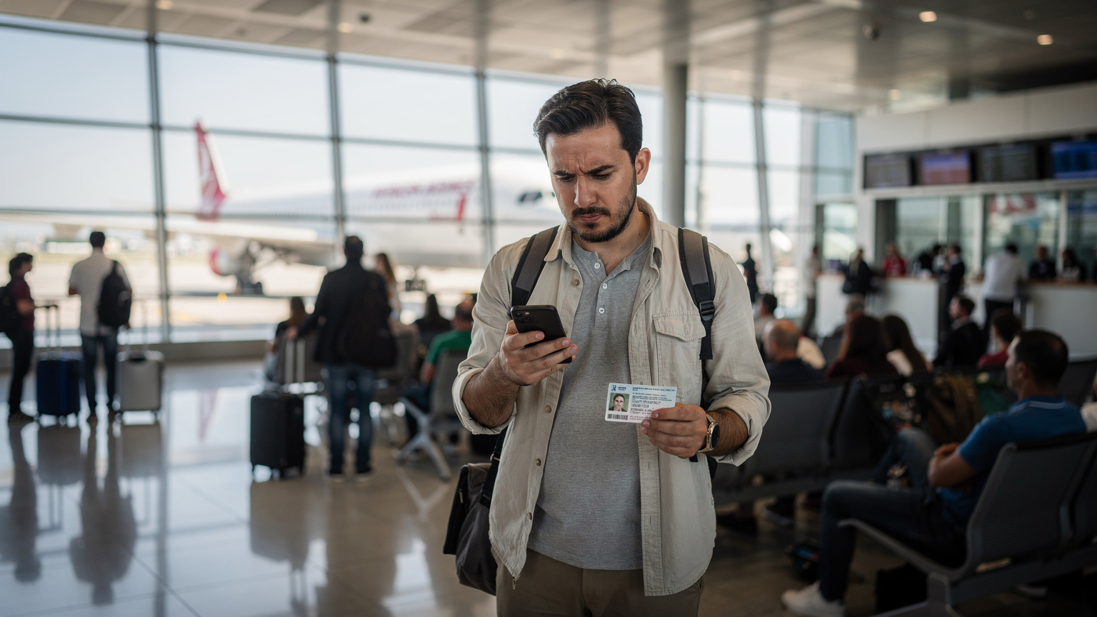 Traveler checking phone with ID at Istanbul Airport gate, Turkish Airlines plane visible.