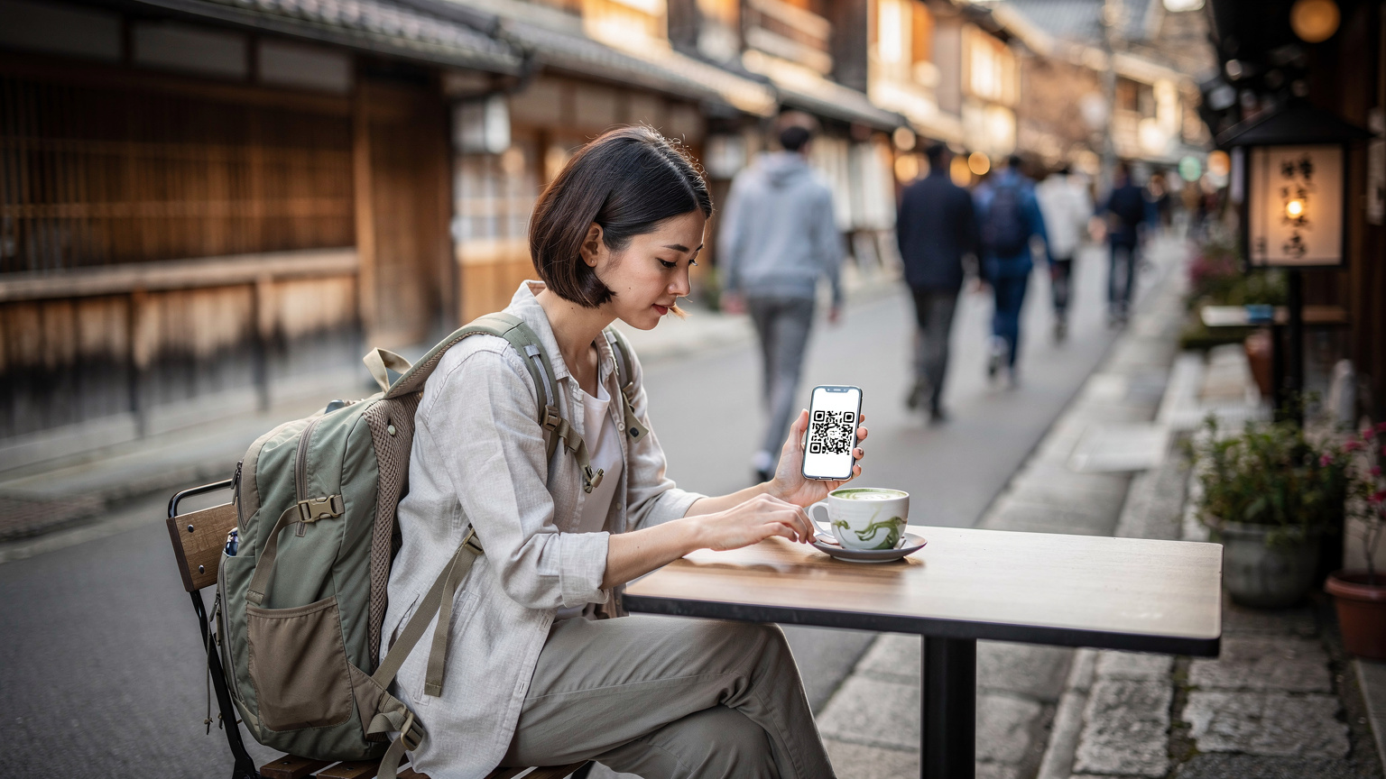 Woman in Kyoto cafe scanning eSIM QR code on phone, matcha latte on table, traditional street in background.