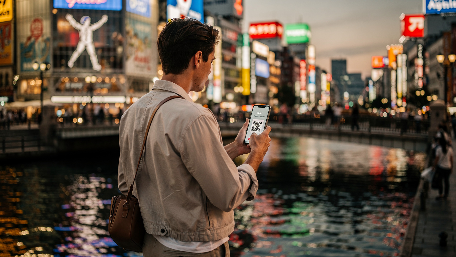 Traveler in Osaka's Dotonbori at dusk, holding phone with eSIM screen, Glico Man sign in background.