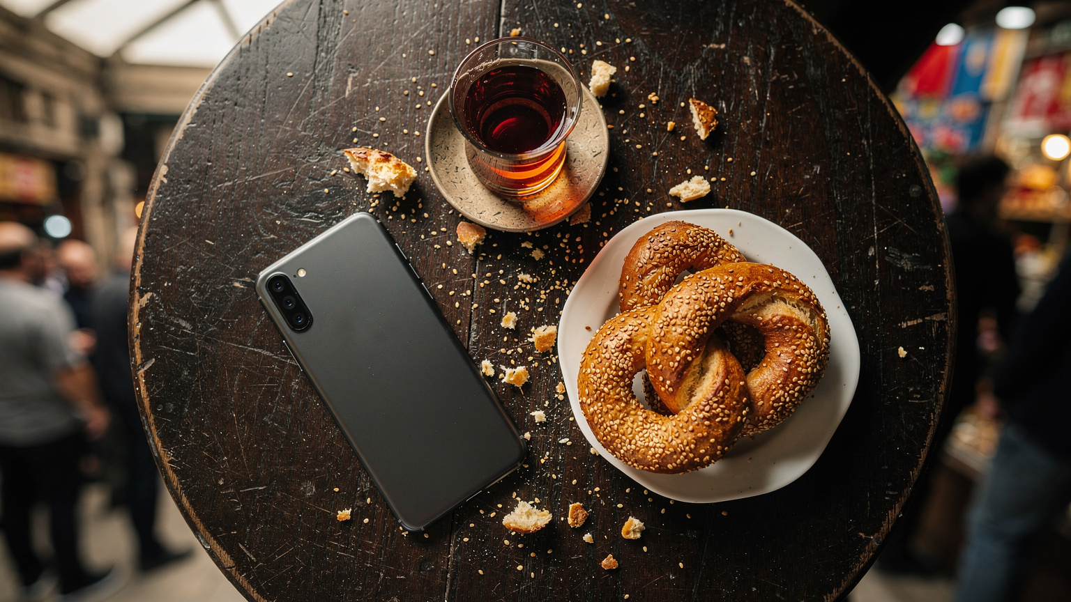 Una veduta dall'alto di un viaggiatore seduto a un tavolo da caffè, con uno smartphone a faccia in giù accanto a un bicchiere di tè turco e un piatto di simit appena sfornato, su un tavolo di legno scuro in un affollato mercato di Istanbul, con la folla in movimento in sottofondo.