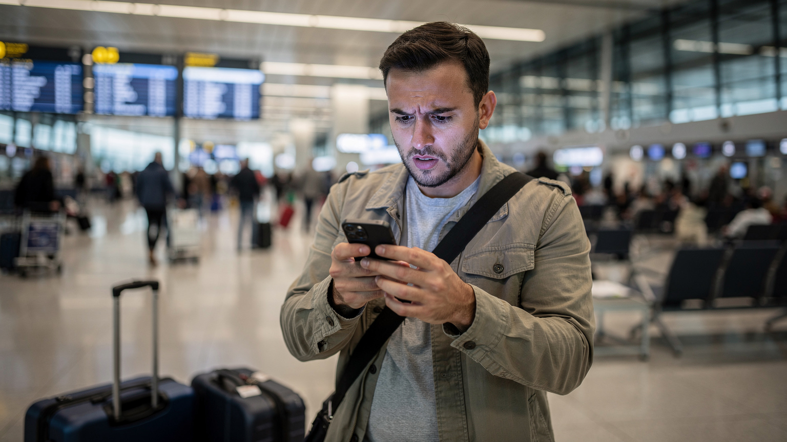 Un uomo con un'espressione preoccupata sta guardando lo schermo del suo telefono in un aeroporto affollato, il suo volto illuminato dal display, con valigie in primo piano e altri viaggiatori sfocati sullo sfondo. La luce ambiente è quella tipica di un terminal aeroportuale, fredda e artificiale.