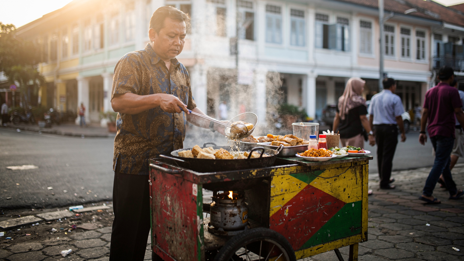 A street food vendor in Jakarta's Kota Tua district expertly preparing 'gorengan' (fried snacks) from a cart, with steam rising and passersby in the soft afternoon light.