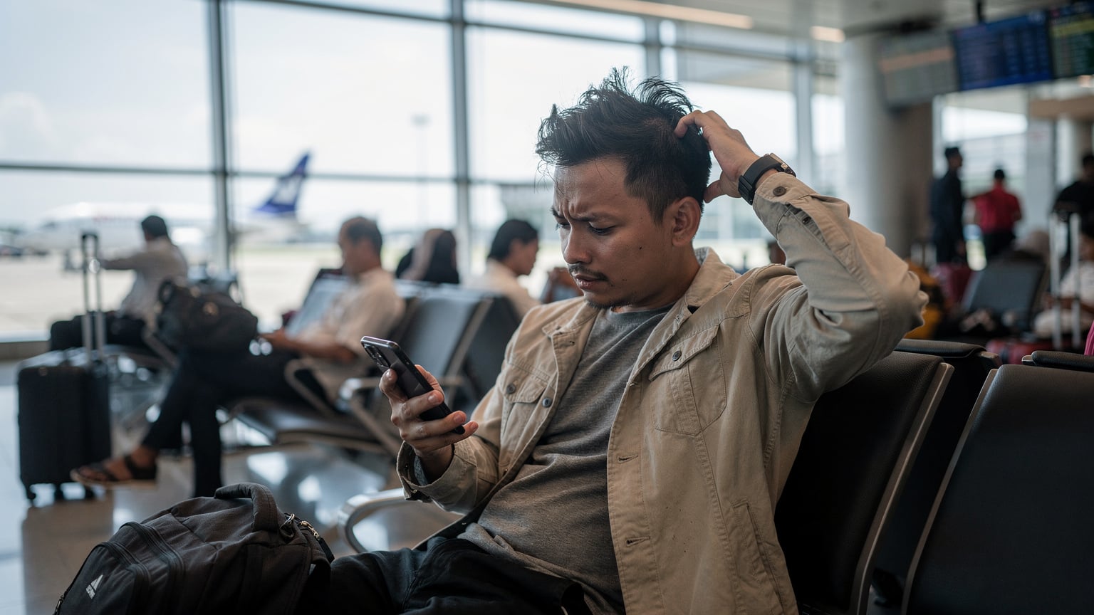 A traveler at a bustling airport terminal, looking frustrated at their phone, trying to connect to Wi-Fi amidst many other passengers.