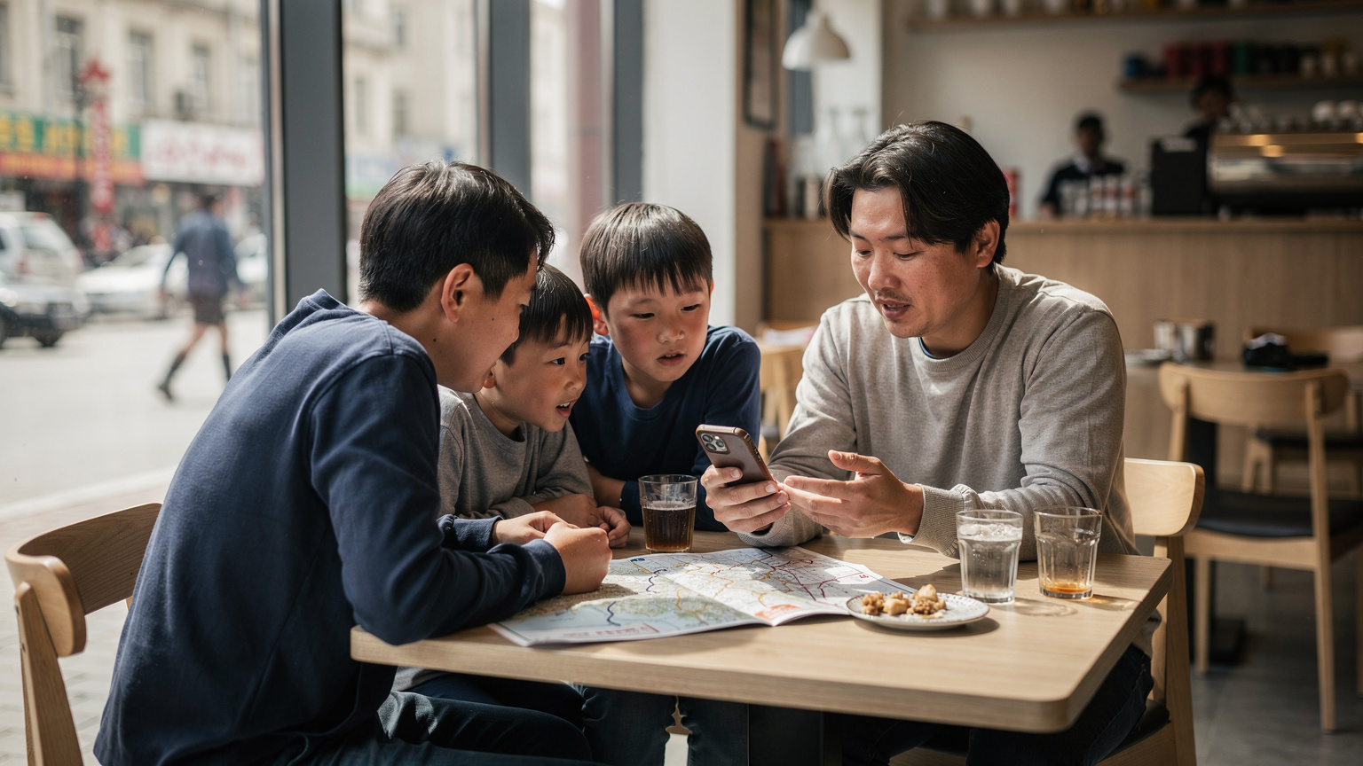 Family of four in a Ulaanbaatar cafe, looking at a smartphone, suggesting seamless travel with eSIM.