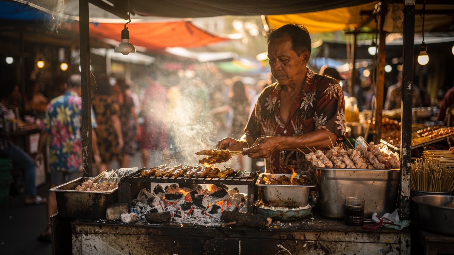 A bustling street food stall in Denpasar, Bali, with a vendor preparing satay skewers over a glowing charcoal grill, surrounded by local life.