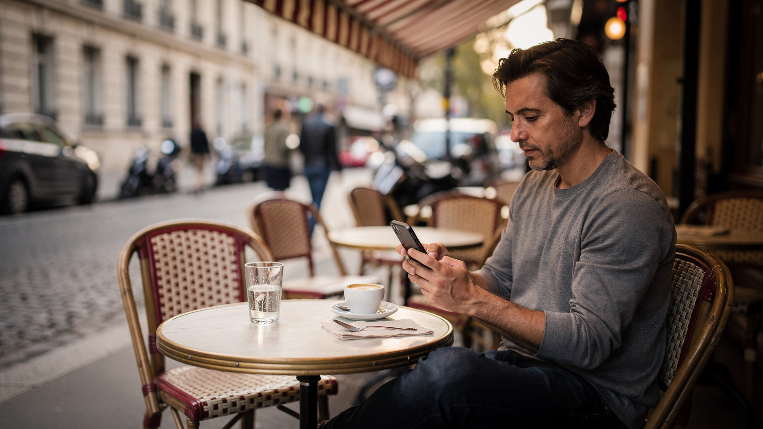 A traveler in a Parisian cafe, illuminated by soft window light, browses eSIM options on their phone with a croissant and coffee on the table.