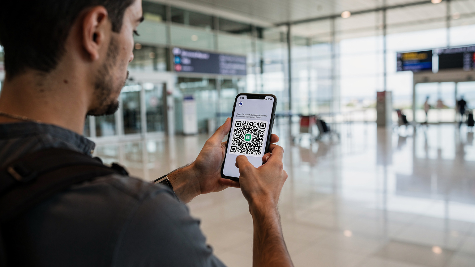 Ένα άτομο χρησιμοποιεί το iPhone του για να σαρώσει έναν QR κωδικό eSIM, με φόντο την είσοδο του αεροδρομίου των Τιράνων.