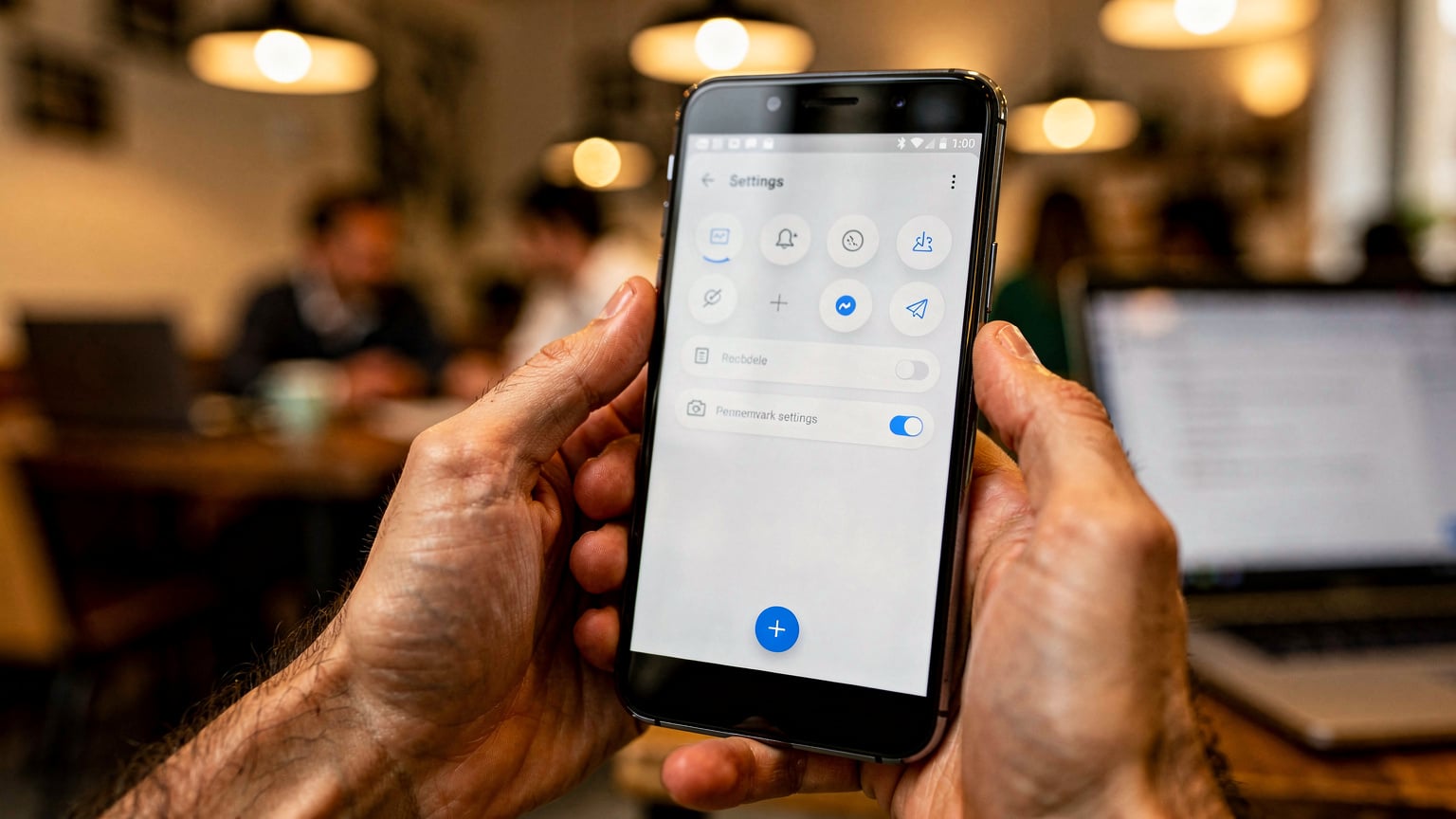 Χέρια να κρατούν ένα Android smartphone, εμφανίζοντας τις ρυθμίσεις δικτύου, με θολό φόντο ένα πολυσύχναστο καφέ στα Τίρανα.