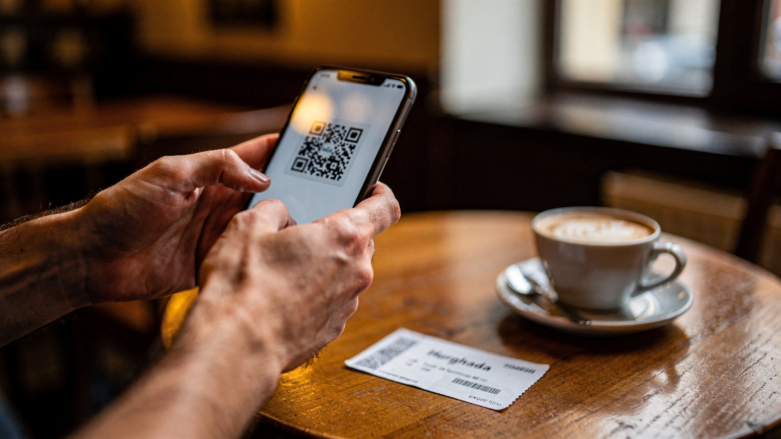 Ruce držící telefon s QR kódem u kávy v Praze, palubní lístek do Hurghady