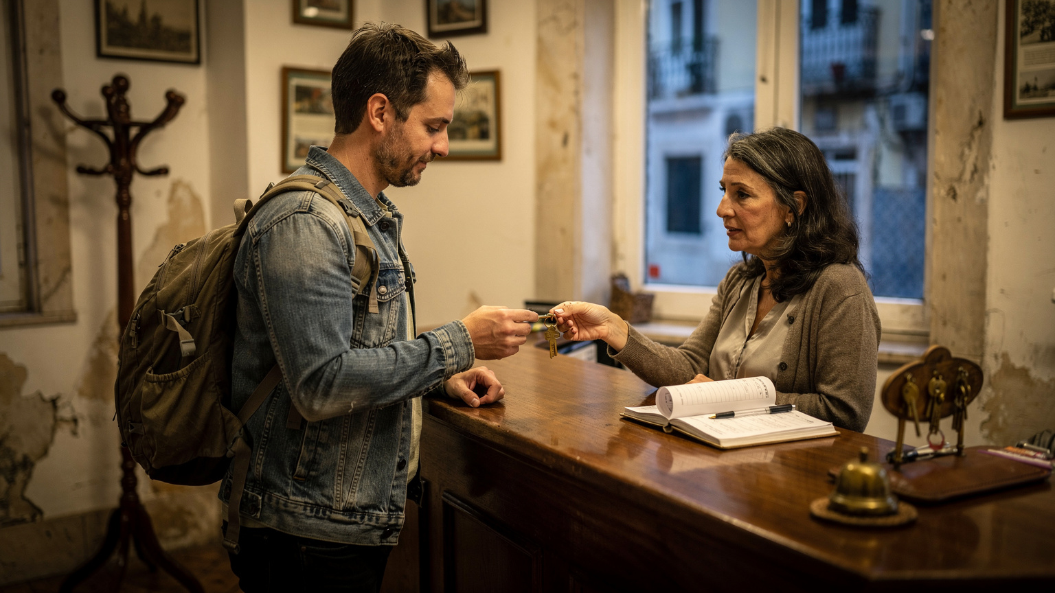 Mochileiro no balcão de uma pensão na Mouraria, Lisboa, com chaves e papelada, luz fria da manhã