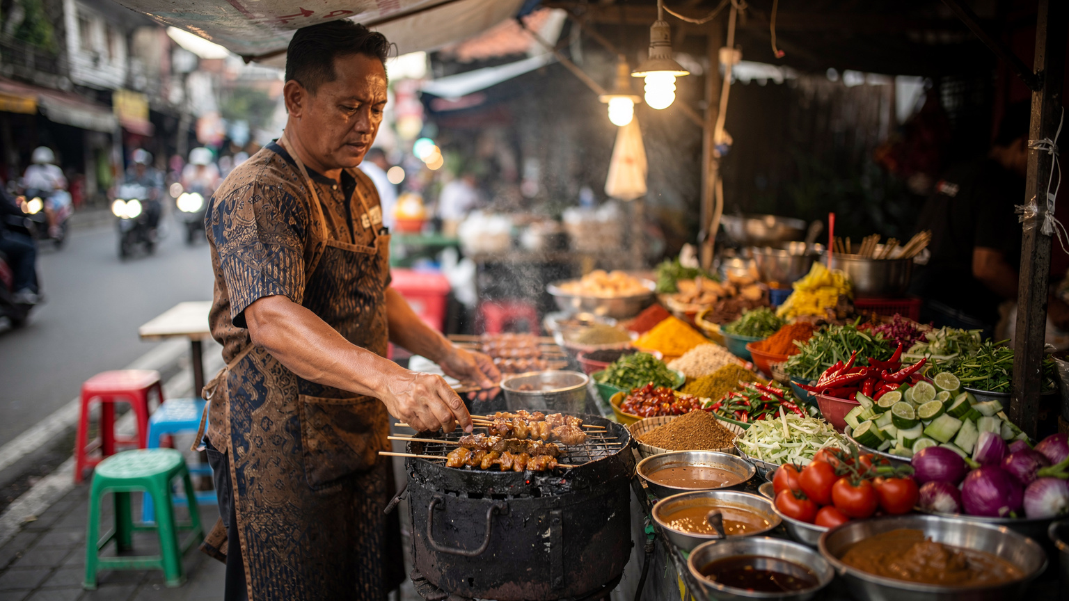 A vibrant street food stall in Denpasar, Bali, with a vendor meticulously grilling satay skewers over glowing charcoal. Fresh spices, herbs, and colorful condiments are arranged neatly on the counter, with soft light illuminating the scene.