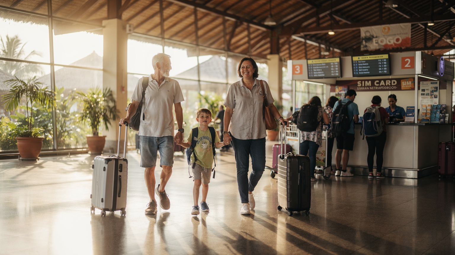 A family of four, two parents and two young children, walks through the arrivals hall of Ngurah Rai International Airport in Bali, looking happy and relaxed. They are bypassing a long queue of tourists waiting at a local SIM card counter, walking towards the exit doors.