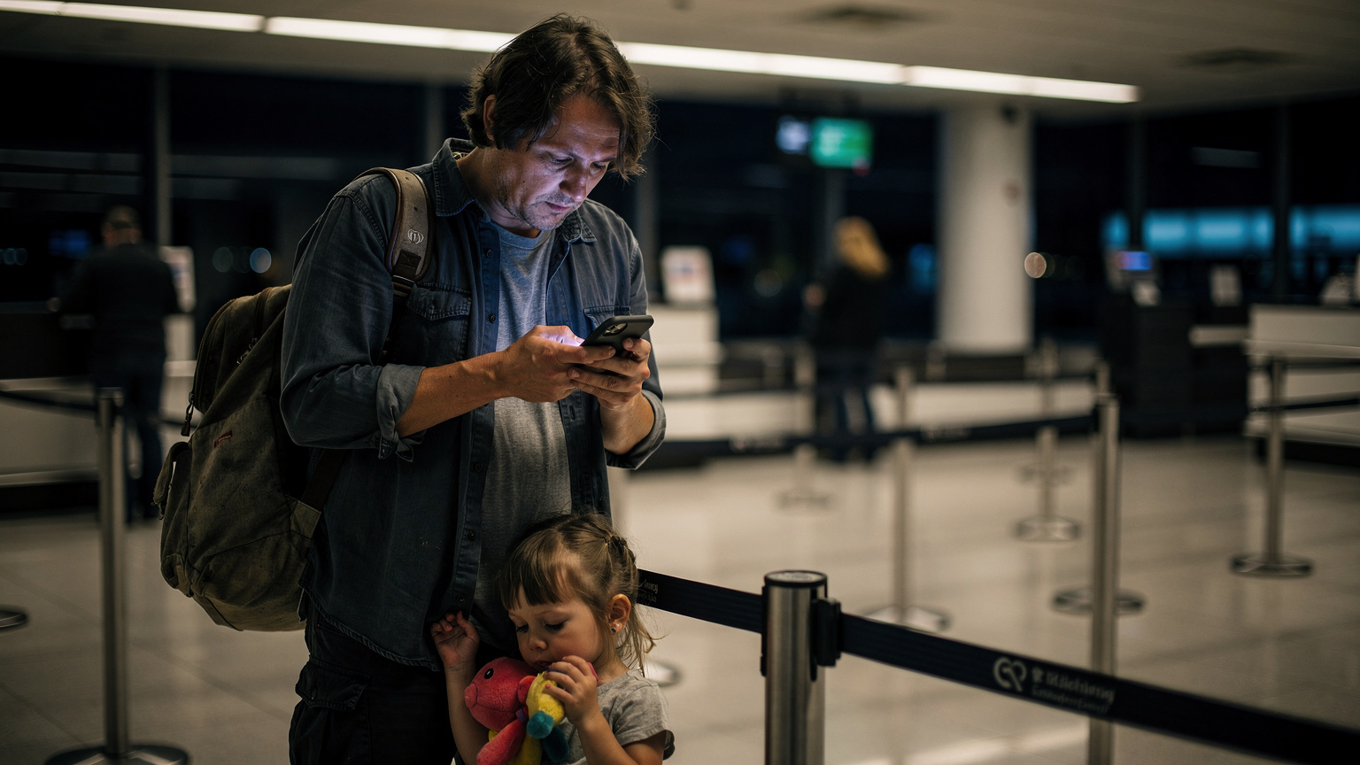 A parent in their late 30s stands at a dimly lit airport check-in counter, looking distressed as they stare at their phone, which displays a critical low battery notification. Their young child, holding a brightly colored toy, looks up at them with a tired expression.