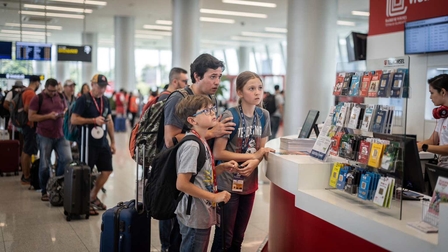 A family of four, parents and two children, standing at a Telkomsel booth inside Ngurah Rai International Airport in Bali, looking at a display of SIM card options with a slightly confused expression.
