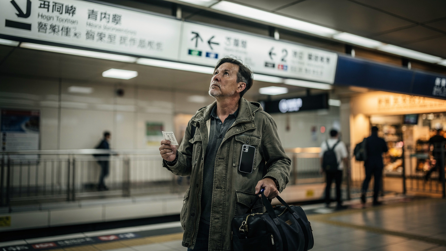 En resenär i Hongkongs tunnelbana håller en biljett och en väska, tittar på skyltar