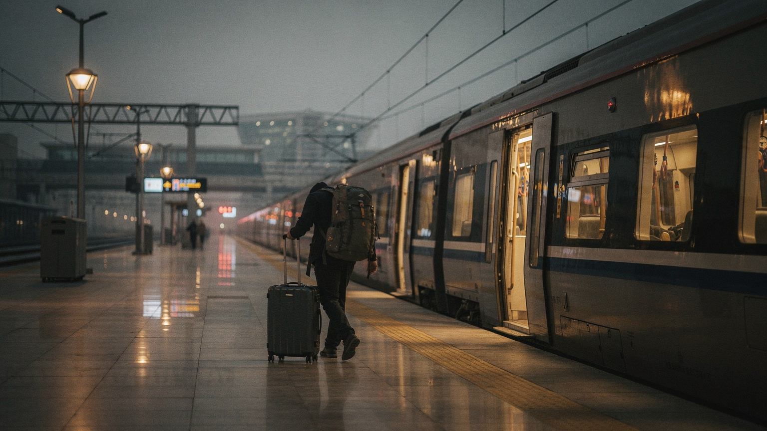 Ett nattåg från Guangzhou till Shenzhen, passagerare går längs perrongen i svagt ljus