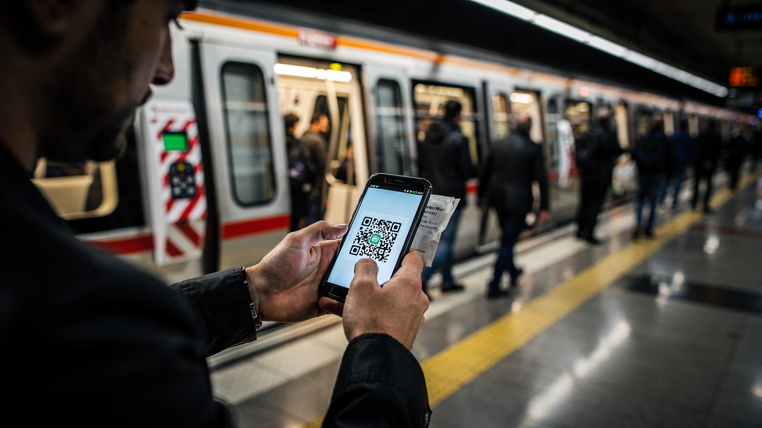 Bir metro istasyonunda, bir kişi mobil cihazından bir QR kodunu tararken, arka planda bir trenin kapıları kapanmak üzere.