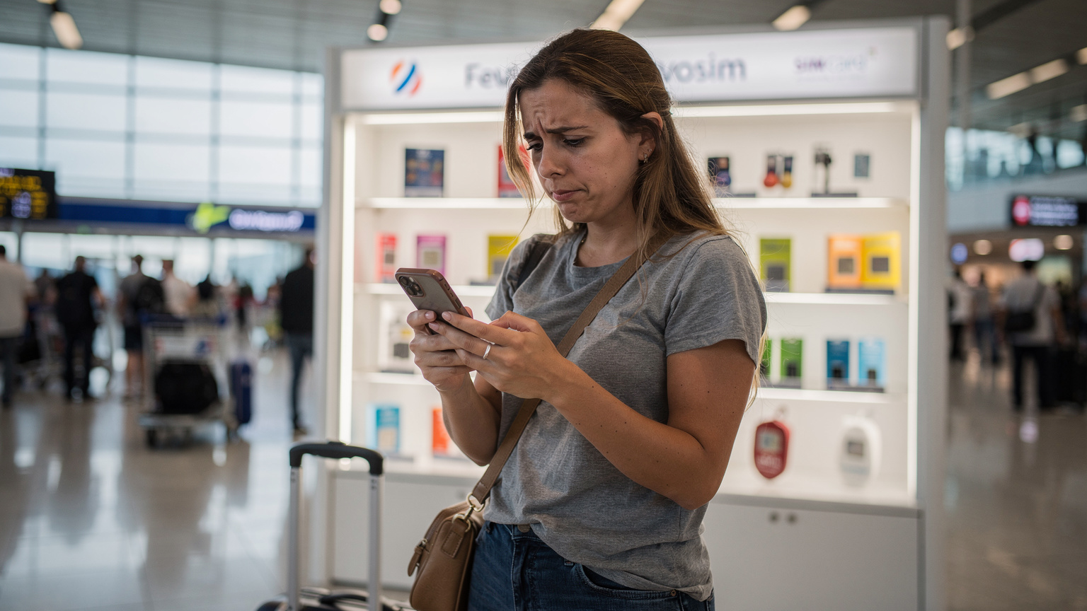 Yurt dışı havalimanında bir SIM kart kioskunun önünde duran ve telefon ekranına endişeyle bakan bir kadın.