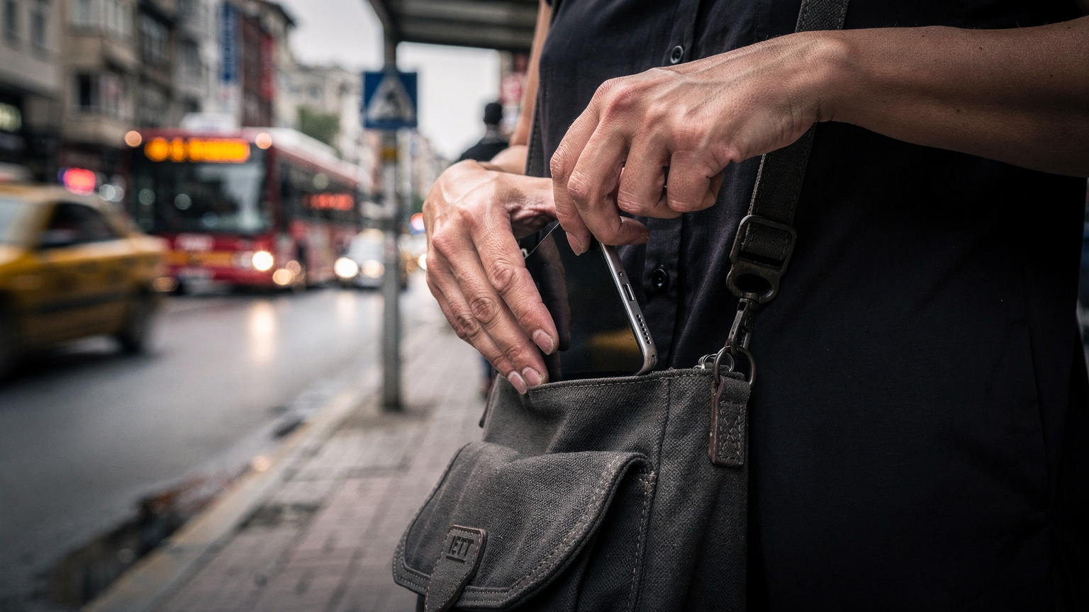 İstanbul'da kalabalık bir otobüs durağında, bir annenin eli çantasından telaşla telefonunu çıkarırken görülüyor. Arka planda şehrin yoğun trafiği, sarı taksiler ve İETT otobüsleri bulanık bir şekilde geçiyor.