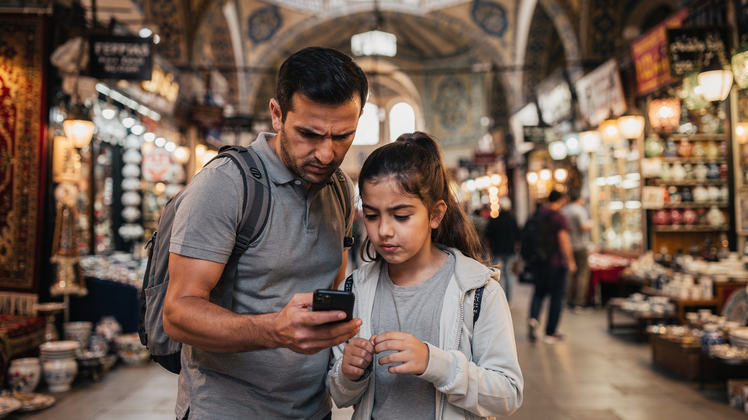 İstanbul Kapalıçarşı'da, hareketli bir pasajda, bir baba ve kızı, küçük bir cep telefonunun ekranına şaşkınlıkla bakıyor. Kızının elindeki cihazda internet bağlantısı sorunu yaşıyor gibi görünüyorlar, çevrelerindeki kalabalık ve dükkanlar bulanıklaşmış durumda.