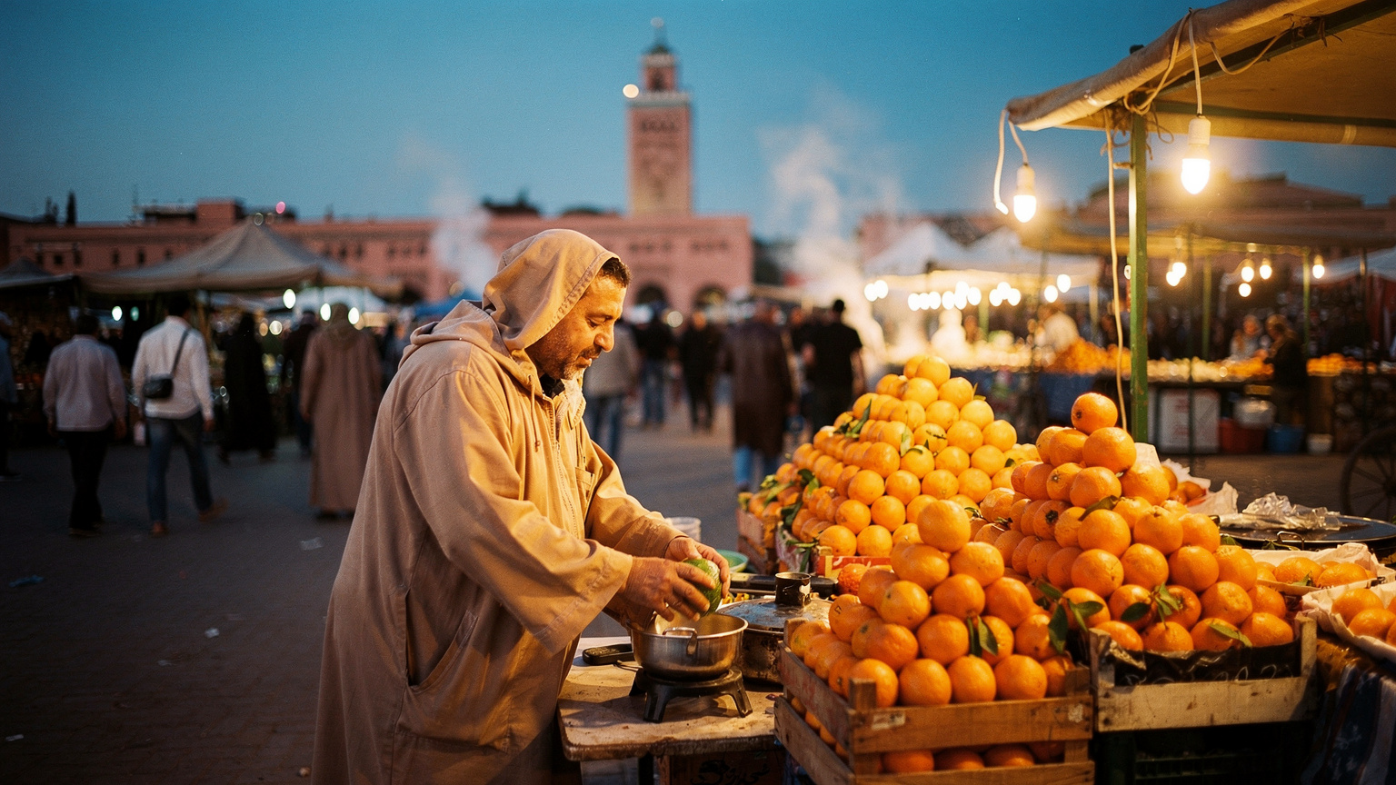 La place Jemaa el-Fna à Marrakech au crépuscule, entre les stands de jus d'orange et la fumée des grillades