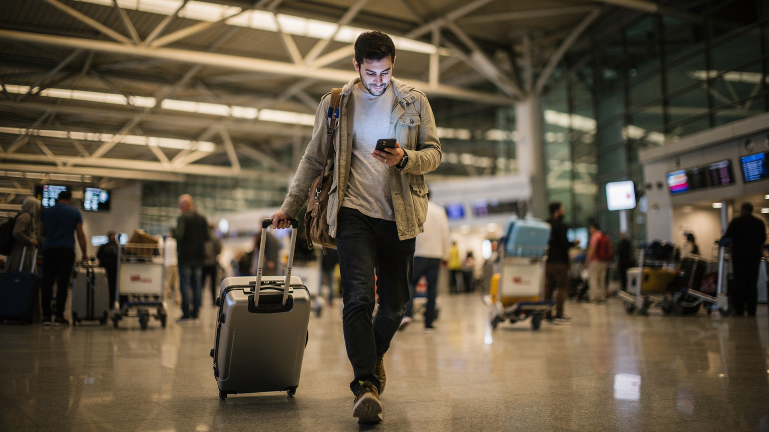Voyageur consultant son téléphone en marchant dans le hall des arrivées de l'aéroport Mohammed V de Casablanca