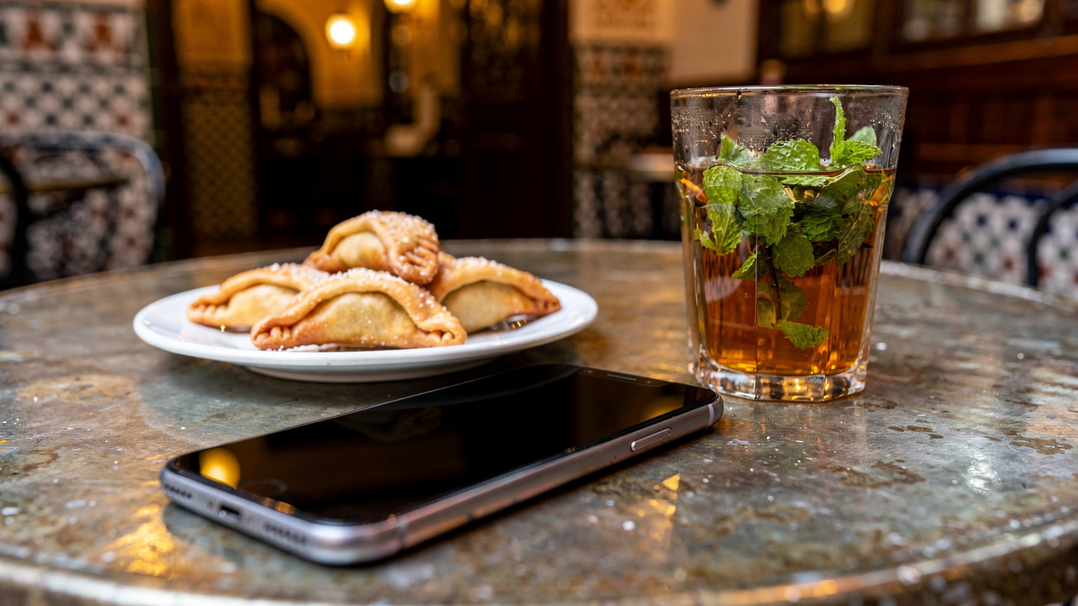 Un téléphone posé sur la table d'un café à Casablanca à côté d'un verre de thé à la menthe