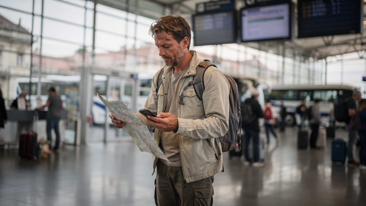Ein Reisender mit dunklem Haar und einem leichten Bart, gekleidet in eine Outdoor-Jacke, steht an einem belebten Busbahnhof in Budapest. Er hält eine zerlesene physische Straßenkarte in der einen Hand und ein Smartphone mit einer digitalen Karte in der anderen, vergleicht Routen und sucht nach der nächsten Verbindung. Im Hintergrund sind Busse und Anzeigetafeln zu sehen.