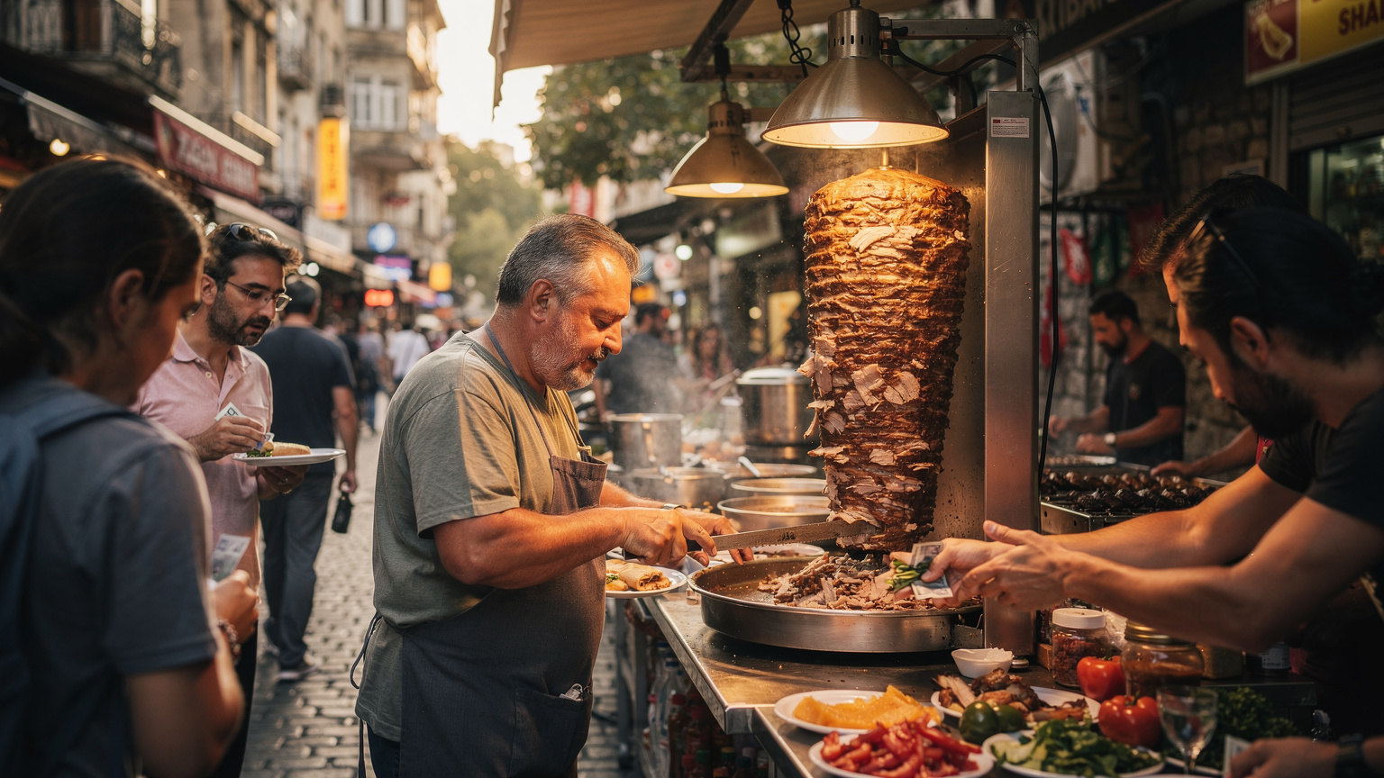 A bustling street food vendor in Istanbul, skillfully preparing döner kebap for a queue of hungry customers, with the vibrant energy of the city street in the background.