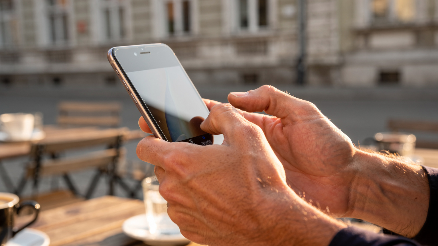 Nahaufnahme der Hände einer Person, die ein Smartphone hält, während sie im Außenbereich eines Cafés in Belgrad sitzt. Die Hände sind in Bewegung, um einen QR-Code auf einem anderen Bildschirm zu scannen.