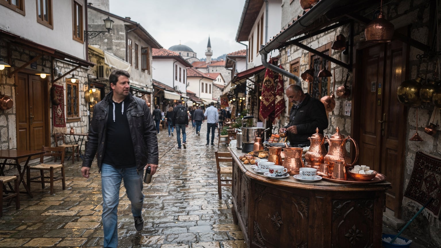 Eine belebte Straße in der Altstadt von Sarajevo, mit Kopfsteinpflaster, traditionellen Gebäuden und einem Menschen, der an einem Kaffeestand vorbeigeht.