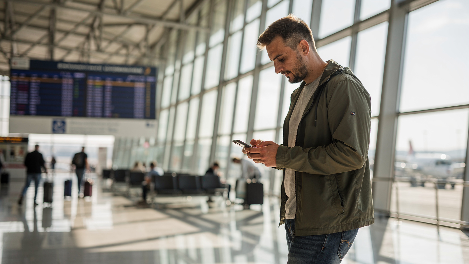 Ein Reisender am internationalen Flughafen Skopje, der auf sein Smartphone blickt, während er auf seine Fähre wartet. Im Hintergrund ist eine Abflugtafel zu sehen.