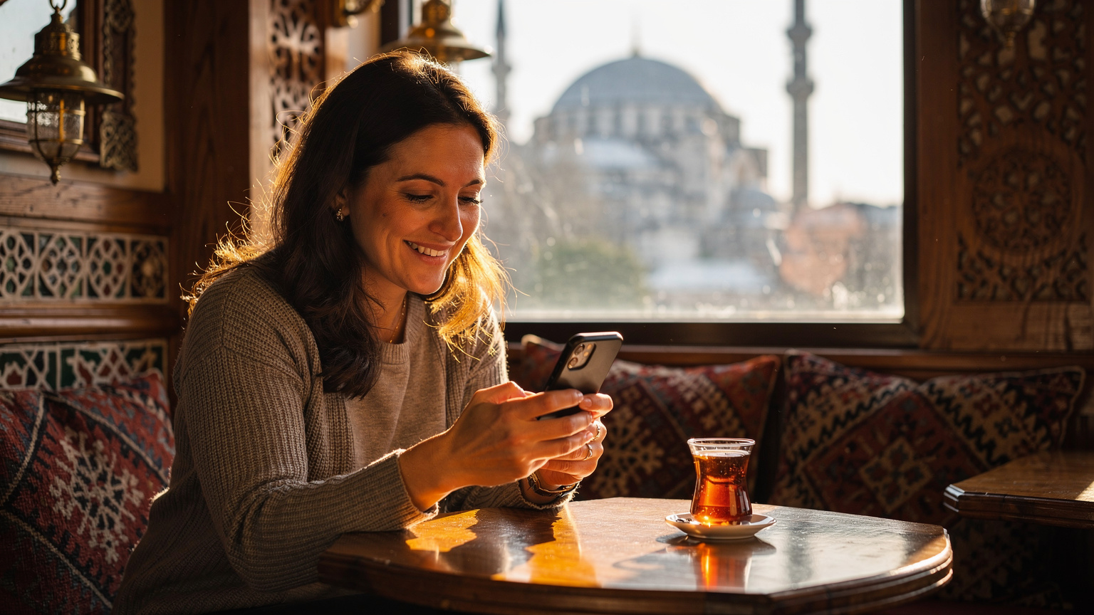 A female traveler sits comfortably in a cozy, sunlit cafe in the Sultanahmet district of Istanbul, looking at her phone screen with a happy and relaxed expression, a traditional Turkish tea glass beside her, and the iconic dome of the Hagia Sophia visible faintly through the window in the background.