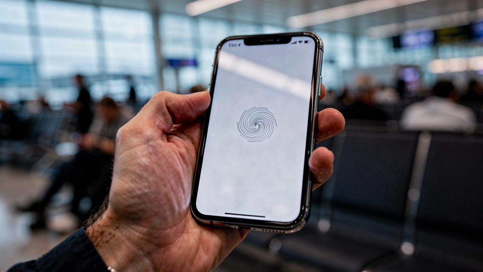 A close-up of a person's hand holding a smartphone, displaying a frustratingly slow loading spinner on the screen, with the background blurred to show a crowded airport gate lounge at London Heathrow, capturing a sense of anxiety and impatience.
