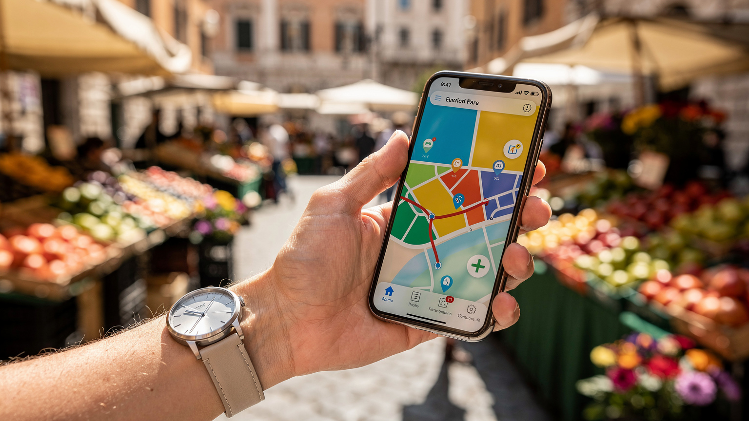 A close-up shot of a human hand tapping on a detailed travel map application on a smartphone, with a blurred background of a vibrant street market in Rome's Campo de' Fiori district, featuring colourful fresh produce stalls and historical buildings.