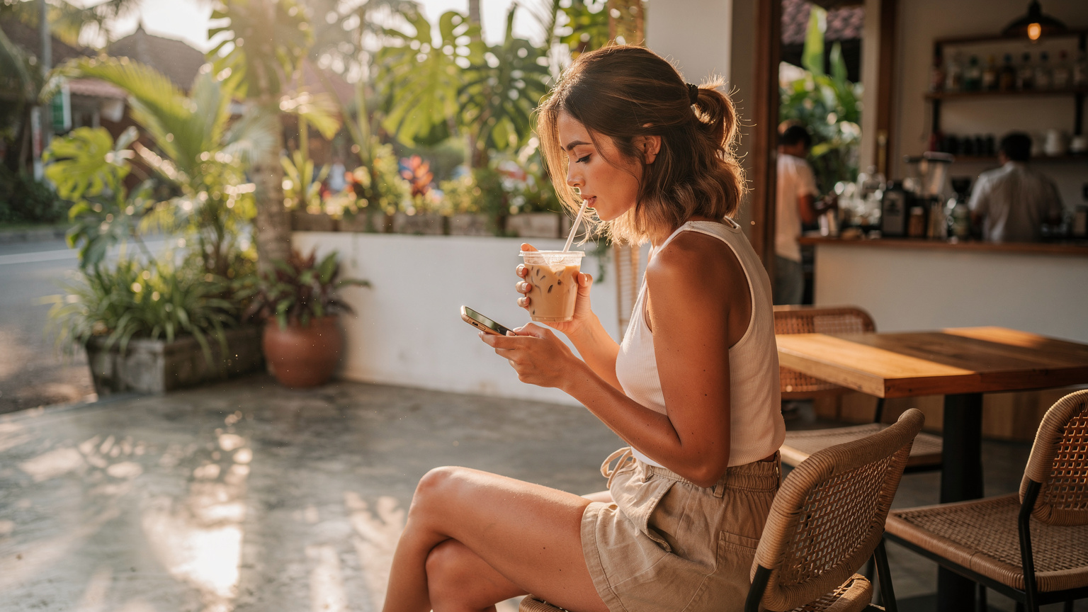 A traveler in a sun-drenched cafe in Canggu, Bali, sips iced coffee while looking at their phone, bathed in warm, natural light.