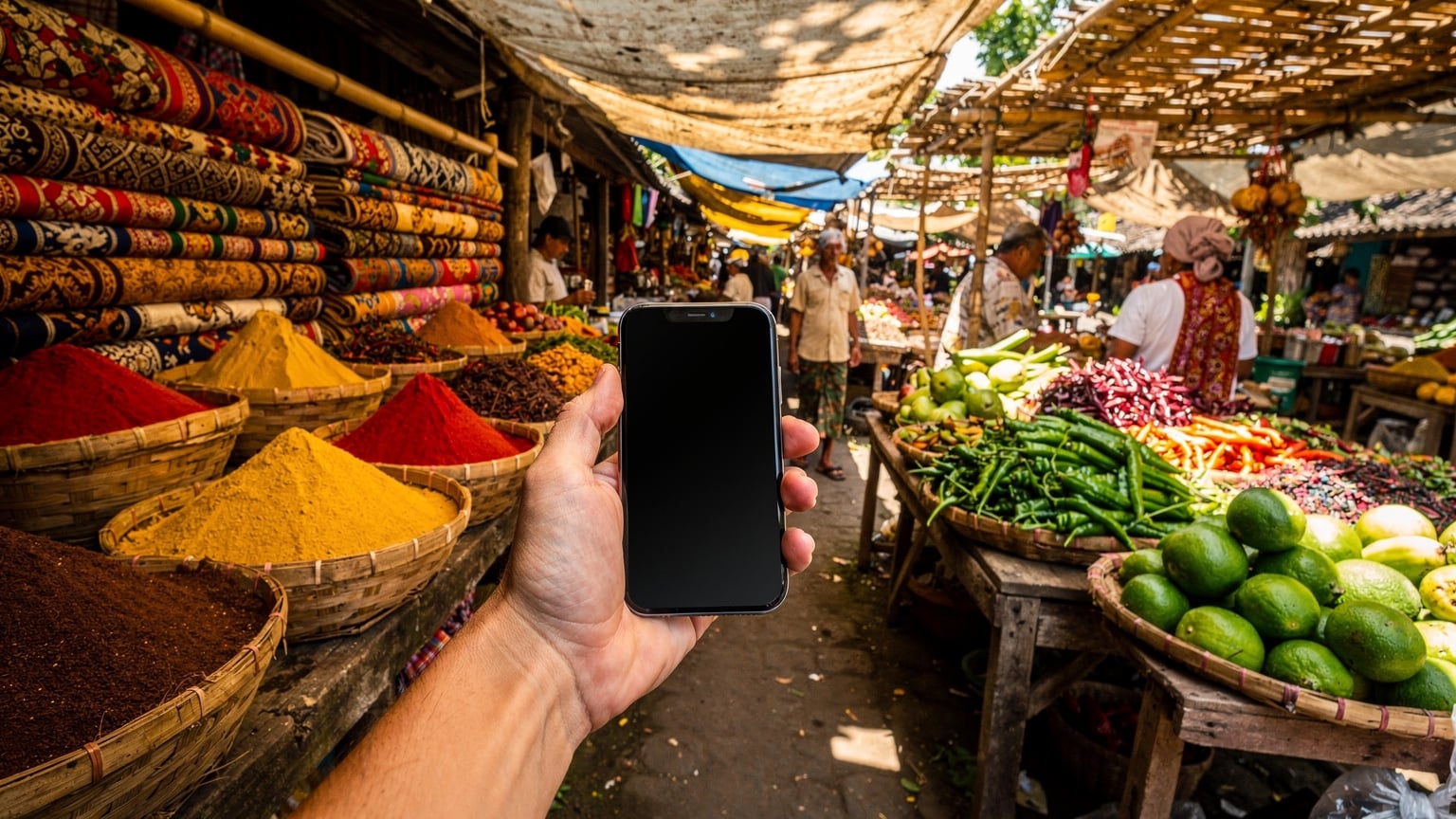 A traveler in a traditional Indonesian market in Ubud, Bali, holding a phone to scan a QR code for a local payment or information, surrounded by vibrant spices and textiles.