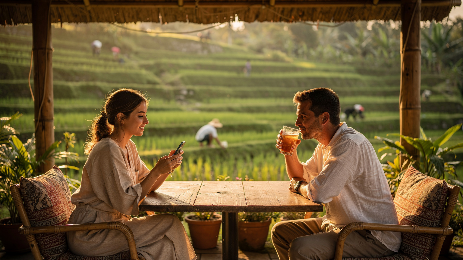 French couple in Bali cafe, woman holding phone, Tegalalang rice terraces in background, golden hour.