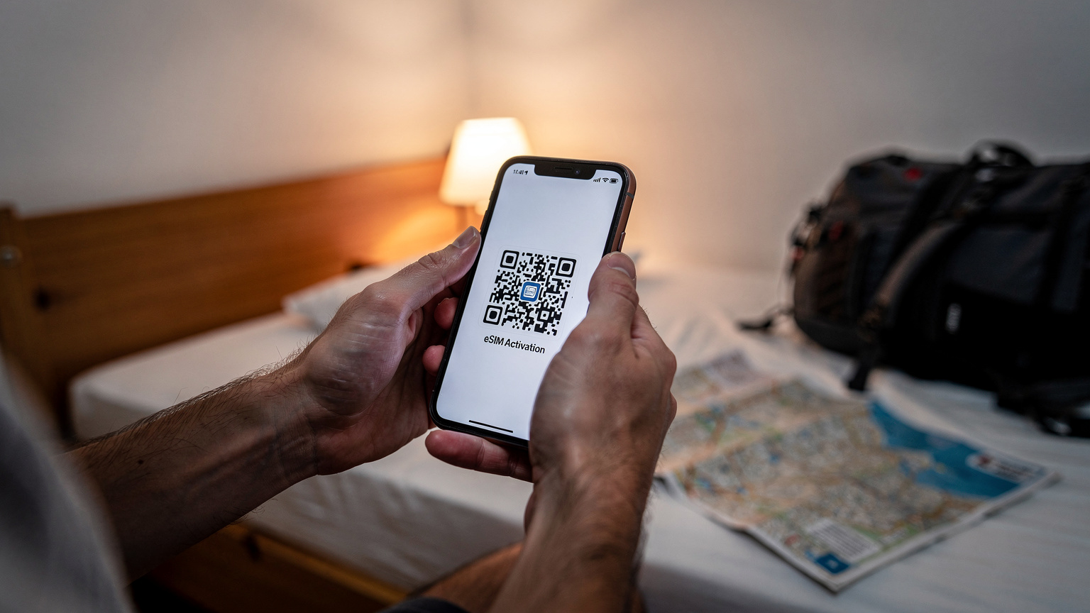 Руки тримають смартфон з QR-кодом для активації eSIM, інтерʼєр хостелу