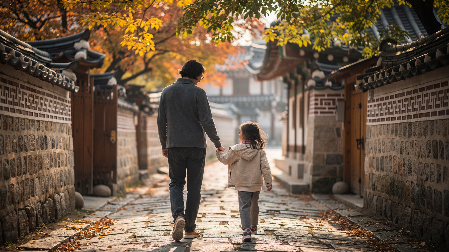 Một phụ huynh đang nắm tay con gái nhỏ của mình khi họ đi bộ qua một con hẻm cổ kính rợp lá vàng ở Bukchon Hanok Village, Seoul, với kiến trúc truyền thống Hàn Quốc làm nền.