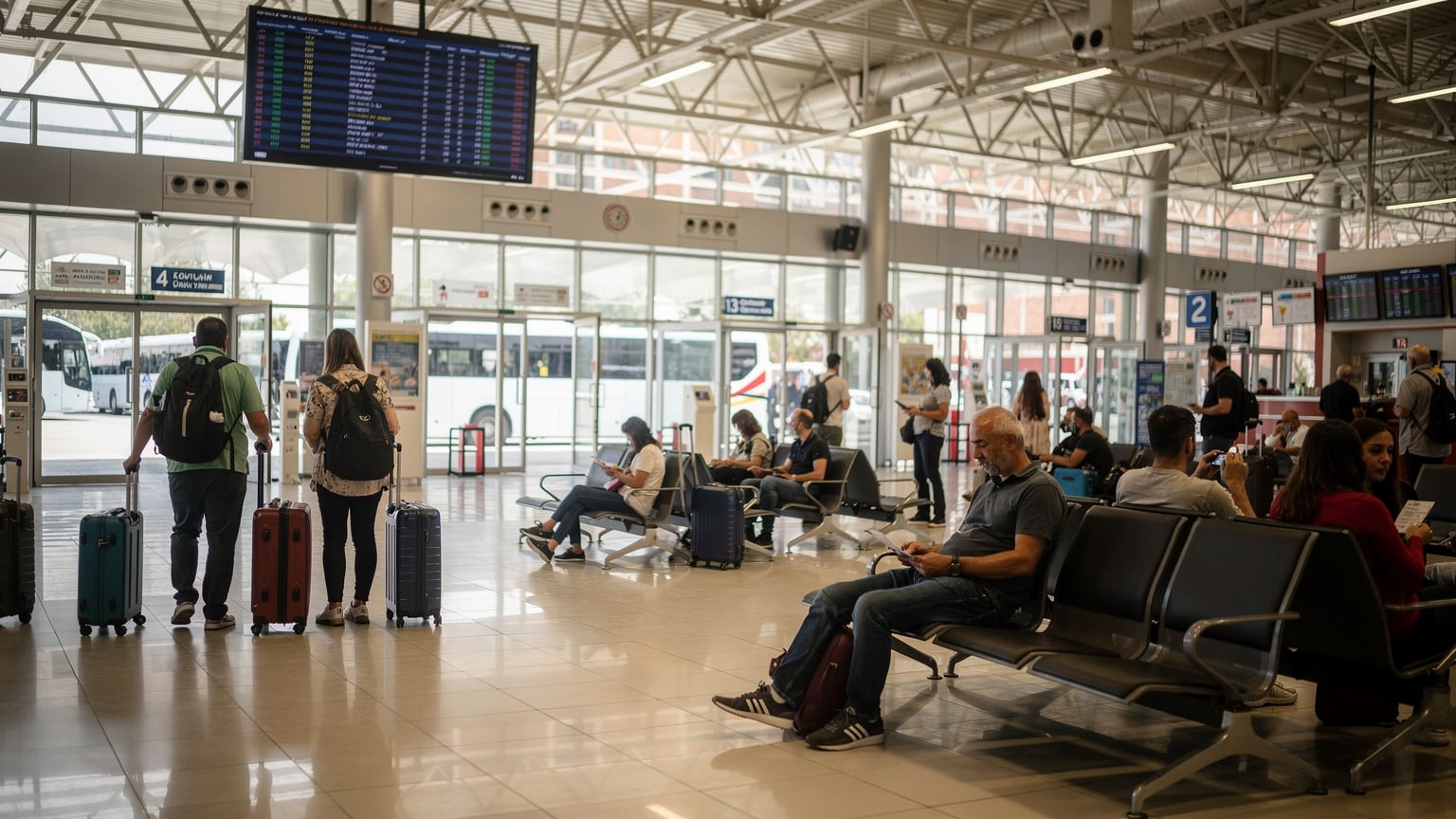 Antalya'da bir otobüs terminalinde, yolcuların bavullarıyla beklediği, yoğunluk ve hareketliliğin olduğu bir anın belgesel fotoğrafı.