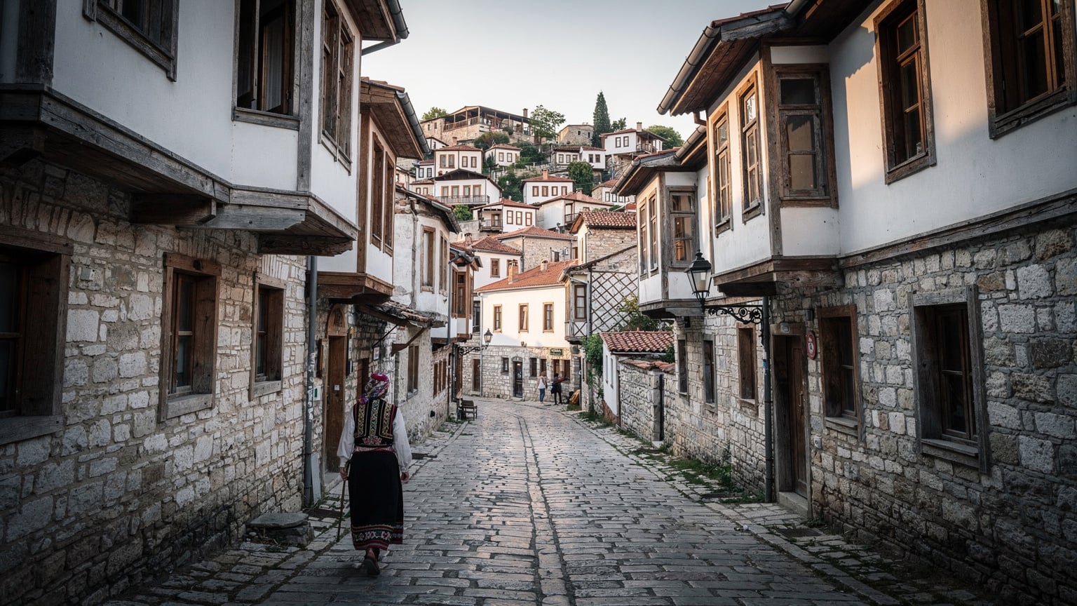 Arnavutluk'un Berat şehrinde, tarihi evlerin ve dar Arnavut kaldırımlı sokakların olduğu bir mahallede yürüyen insanların çekildiği bir fotoğraf.
