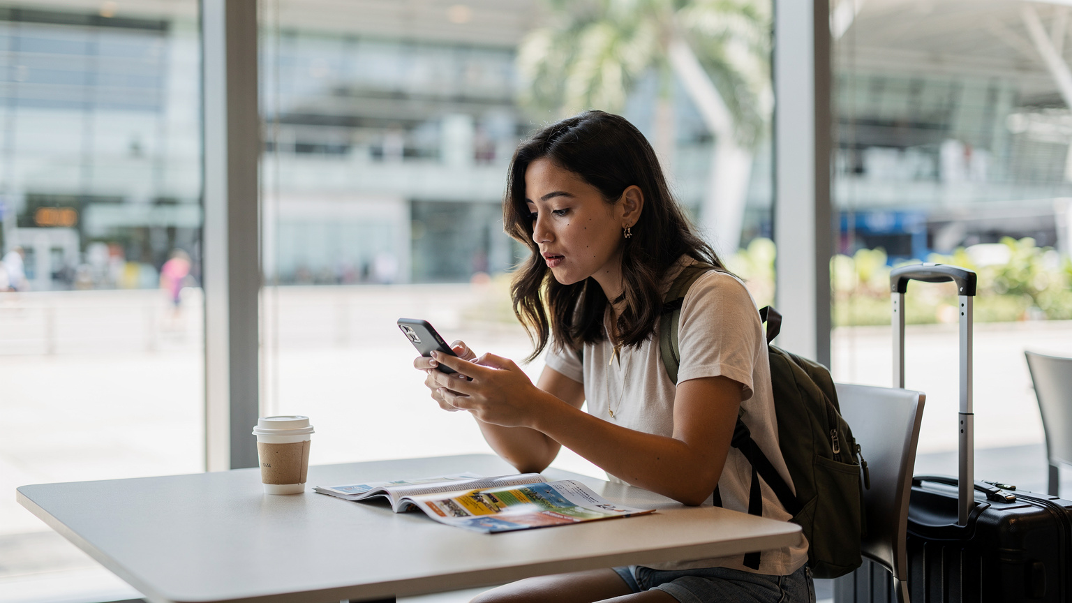 Woman activating eSIM on phone in Changi Airport cafe, ready for international travel without roaming fees.