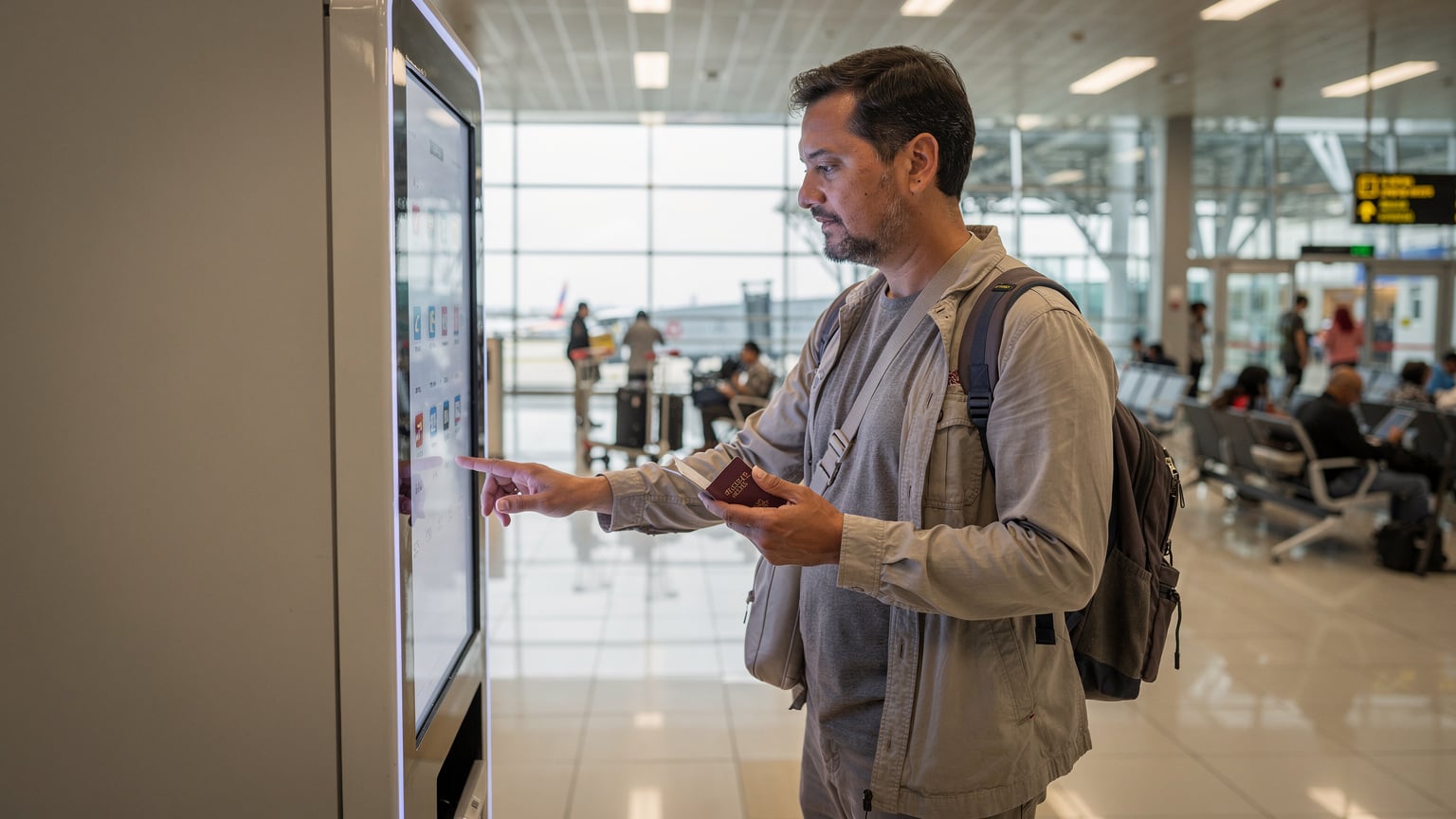 A traveler uses a vending machine to purchase a local SIM card at a bustling terminal in Soekarno-Hatta International Airport, Jakarta, with other passengers and luggage carts in the background.
