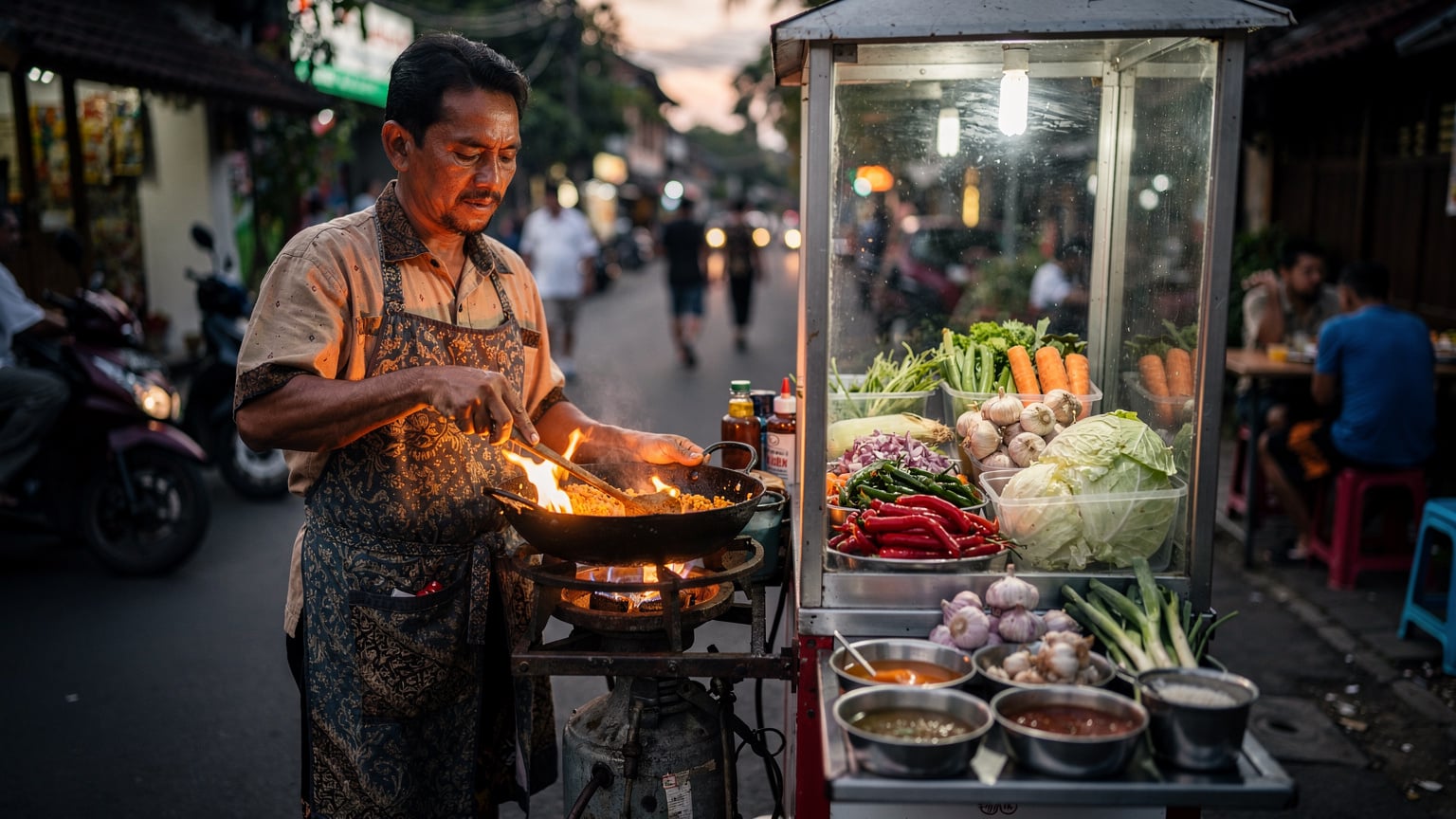 A street food vendor in Ubud, Bali, expertly prepares Nasi Goreng over a wok, with vibrant local spices and ingredients displayed on a small cart under a warm evening glow.