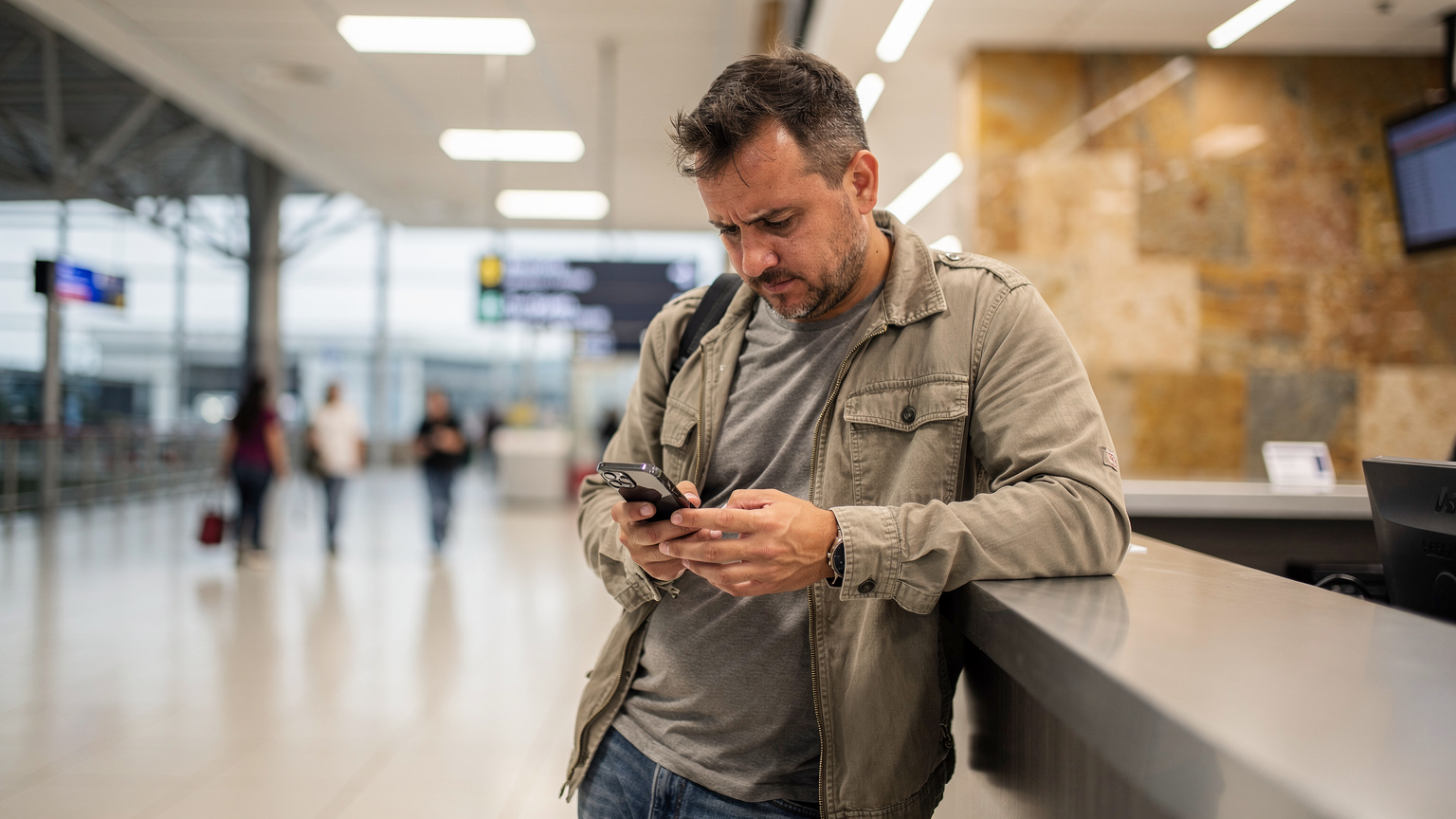 Un viajero consulta su teléfono con expresión de frustración en el mostrador de atención al cliente de una compañía telefónica en un aeropuerto paraguayo.