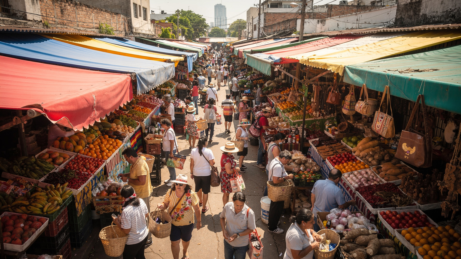 Vista aérea de un bullicioso mercado al aire libre en Asunción, con toldos coloridos y gente comprando productos frescos, capturada con luz diurna natural.