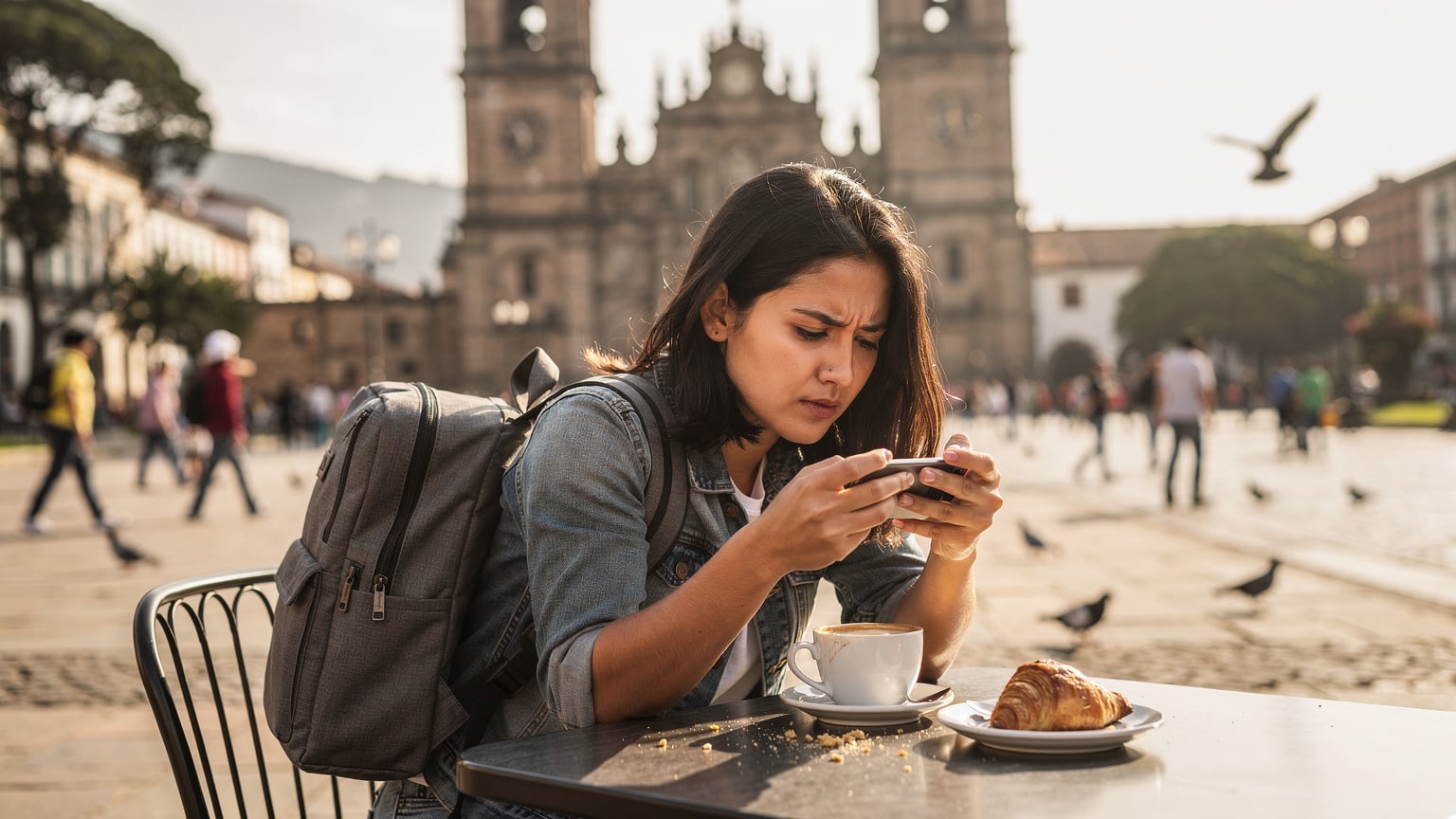 Woman researching eSIM on phone at a cafe in Plaza de Bolívar, Bogotá, with the cathedral in the background.