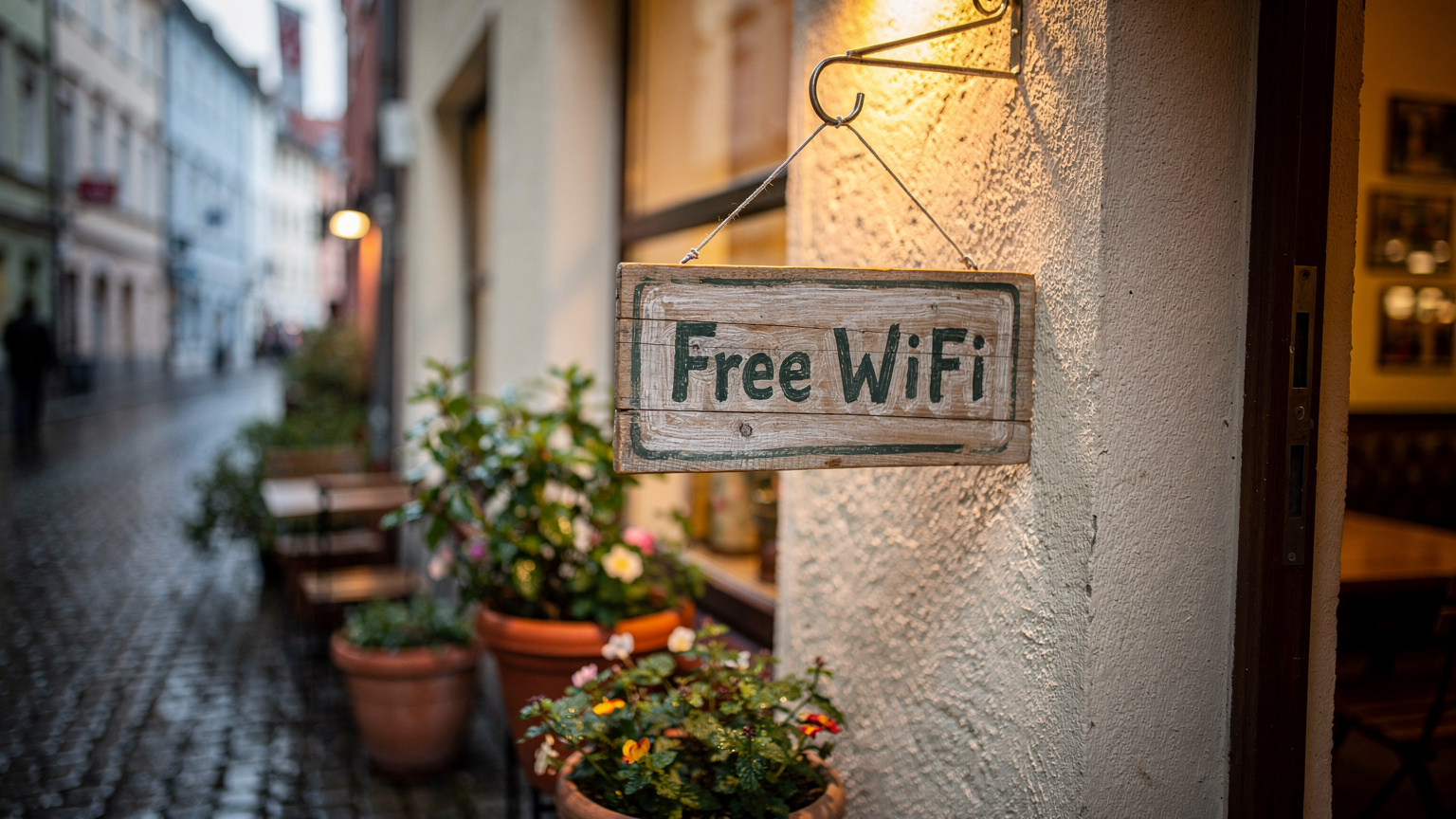 Указателна табела за безплатен WiFi в малко кафене в квартал Glockenbachviertel в Мюнхен, висяща на стена.
